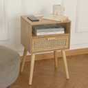 MaxSmeo Bedside Table, Small Nightstand with Charging Station, Rattan Side Table Wood End Table for Living Room, Bedroom and Small Spaces, Mid Century Modern Nightstand, Easy Assembly (Natural)