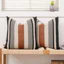 Farmhouse Stripe Pillow Cover 20x20 Boho Accent Cushion Case Faux Leather Decorative Pillowcase,Black and Beige (Cover ONLY, Pack of 2)