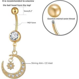 8 Pcs Stainless Steel Dangle Belly Rings for Women Reverse Navel Rings Curved Barbell Body Piercing Assorted Gold