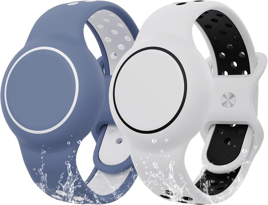 Waterproof Bracelet Compatible with AirTag for Kids (2 Pack), Protective Case GPS Tracker Holder for Child with Full Coverage Hidden Design, Soft Silicone Anti-Lost Wristband Cover for Toddler WBBW (White Black+Grey Blue White)