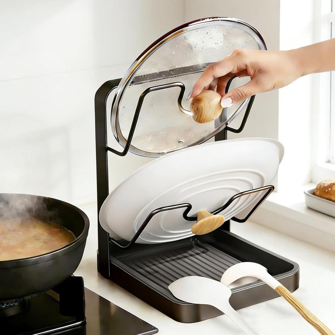 Kitchen Pot Lid Storage Rack, 2-Tier Lids Holder with Detachable Drip Tray While Cooking, Multifunctional Countertop Organizer for Cutting Boards, Ladles and Pan Covers (Grey)