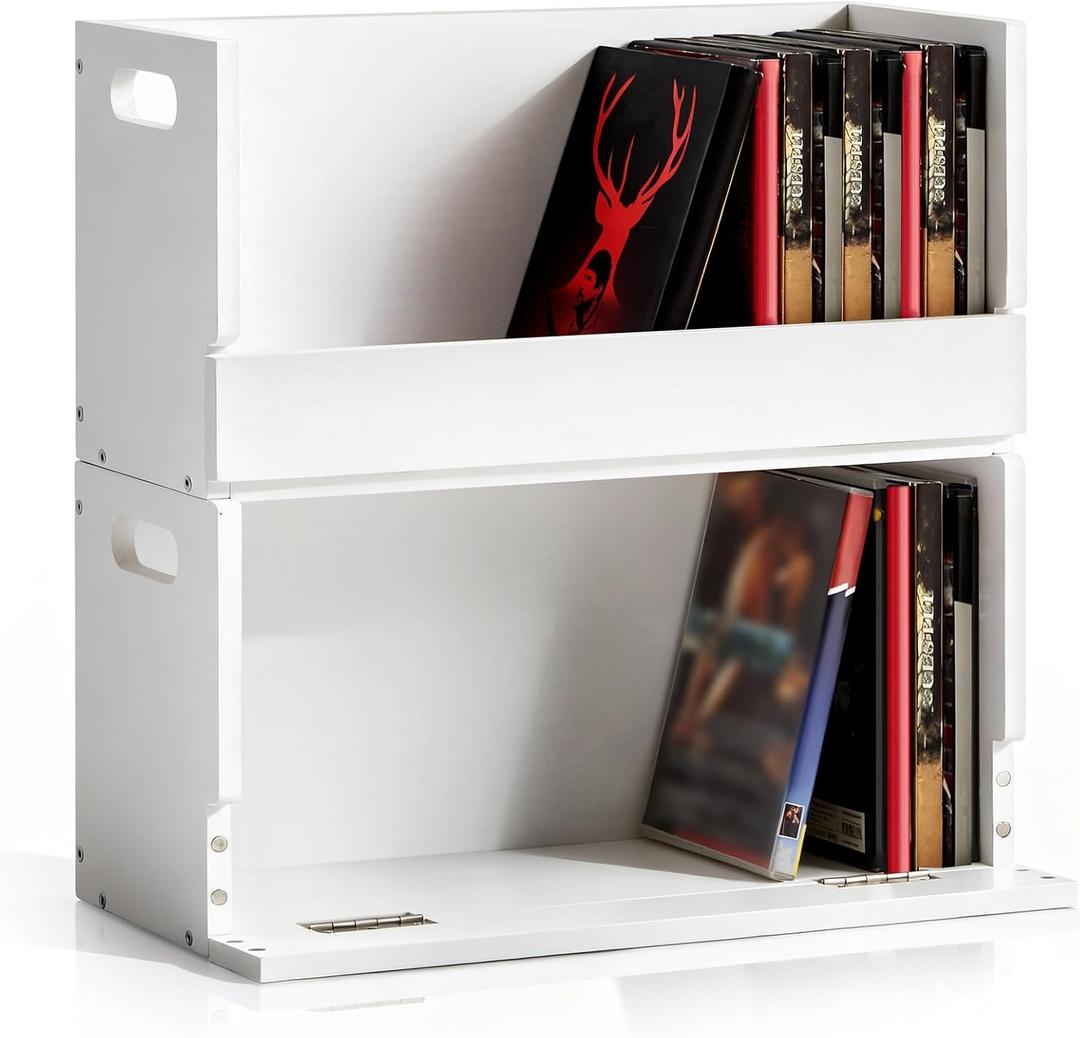 CroBlissful 2 Set Wooden DVD Storage Box DVD Storage Shelf Holder Solid Wood Cassette Tape Display Organizer with Carrying Handle for CD, Movie Cases, Each Organizer Can Store up to 26 Boxes (White)