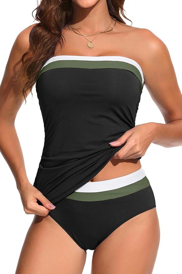 Daci Bandeau Tankini Swimsuits for Women - Two Piece Ruched Tummy Control Bathing Suit Strapless Swimwear wit h Bottom Size M. Black Color Block