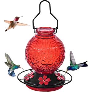 Glass Hummingbird Feeders for Outdoors Hanging, 23Oz Humming Bird Nectar Feeders with Perch, 5 Flower Feeding Ports, Leak Proof Base and Hook for Garden Decor, Gifts for Mom Women (Red)