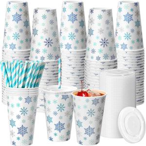 Shellwei 150 Pieces/50 Sets Winter Snowflakes Cups with Lids and Paper Straws 16 oz Blue Disposable Paper Cup Christmas Frozen Theme Favors for Wonderland Xmas Theme Baby Shower Party Supplies