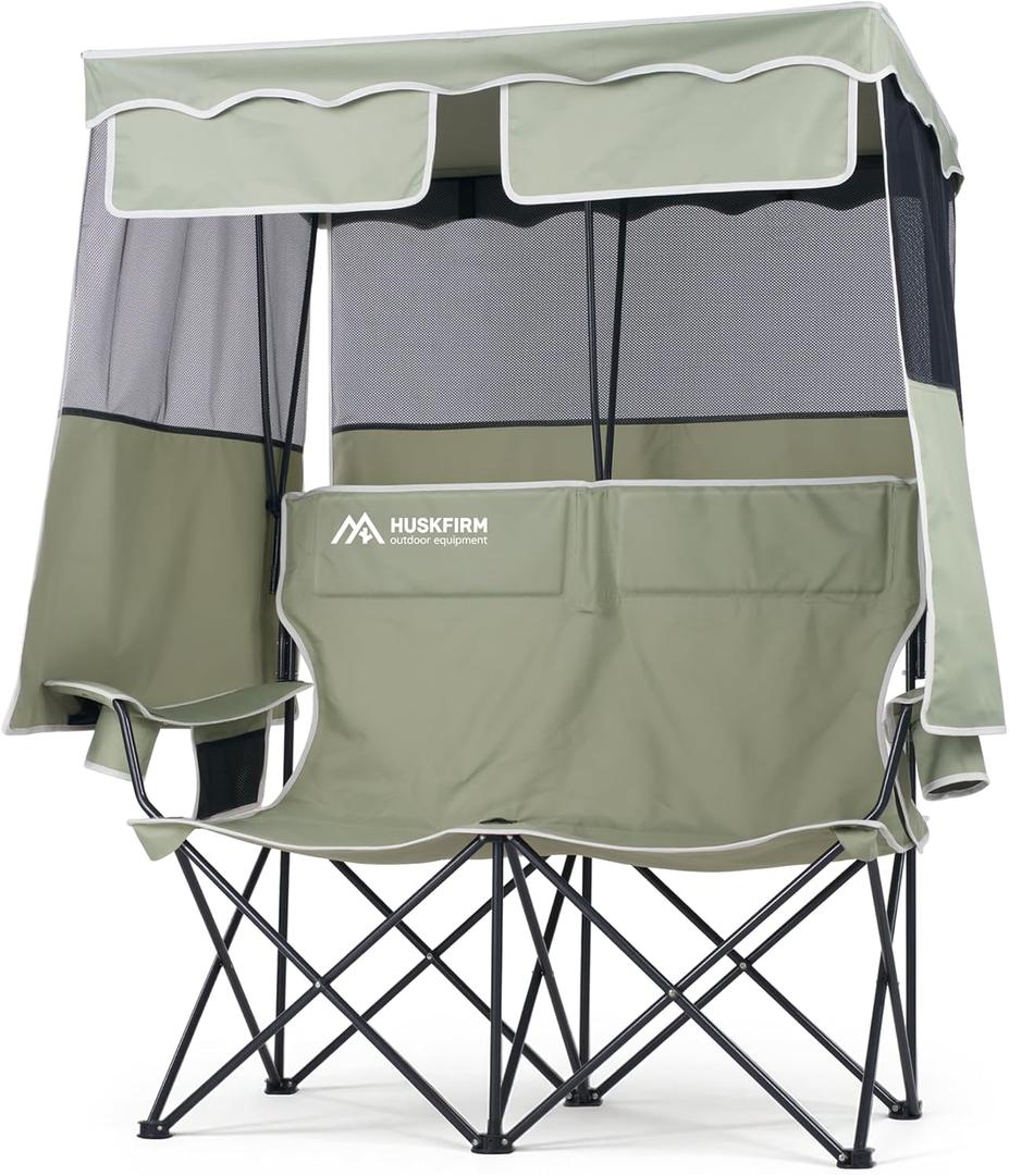 Huskfirm Double Camping Chair with Shade Canopy 2 Person Folding Chair with Canopy Portable Beach Chair Heavy Duty Camping Chair with Two Cup Holders and Side Pocket for Outside Camping,Beach,Sports