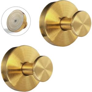 Suction Cup Hooks for Shower - 2 Pack, Gold - Stainless Steel, Strong Suction, No Drill, Removable Hanger, Tile Bathroom Kitchen Wall, Glass Door, Mirror Hook Hanging Robe, Towel Holder