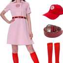 Women's Baseball League Costume Dottie Costume Pink Dress Halloween Cosplay Uniform Set (Small)