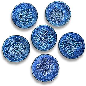 Handmade Decorative Turkish Ceramic Mini Pinch Bowls Set of 6  Small Dipping & Serving Sauce Bowls, Blue Charcuterie Accessories, Hand-Painted Floral Pattern Snack Dishes for Kitchen & Table Decor
