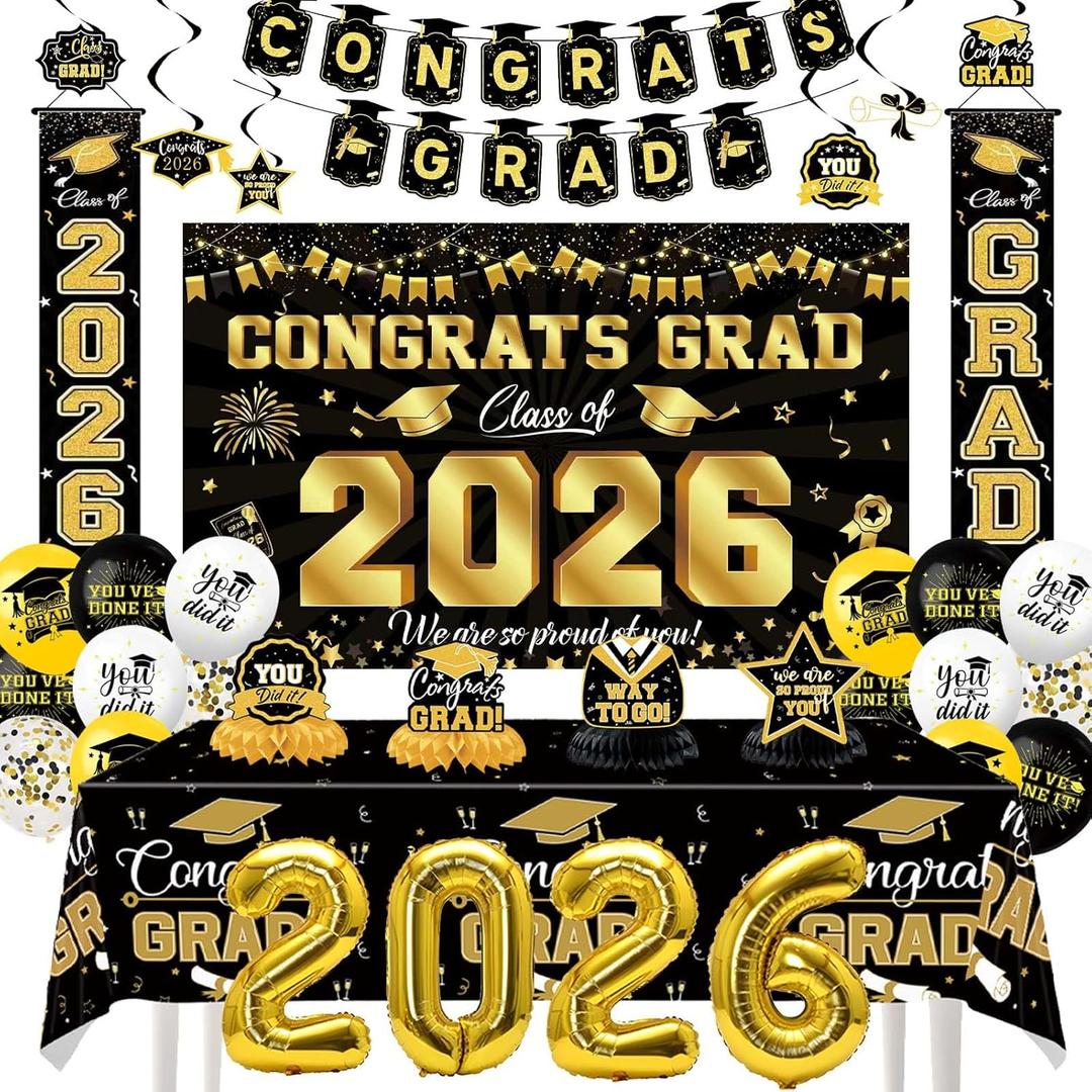 Graduation Decorations 2026 Set, Class of 2026 Party Decor Set Include Congrats Grad Banner, Graduation Backdrop, 2026 Foil Balloons, Complete Party Supplies for High School/College Celebrations