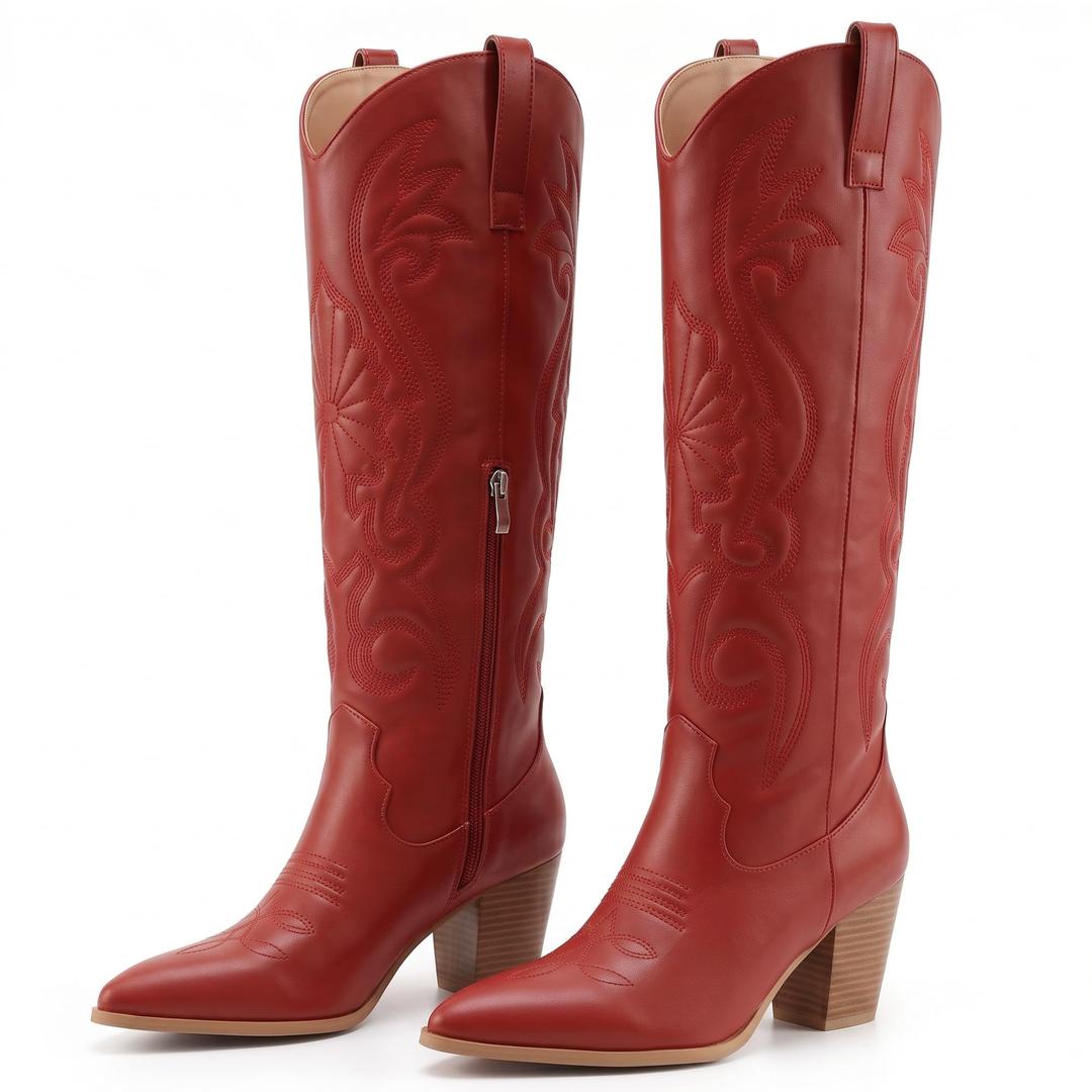 WIRALOMI Cowboy Boots for Women Red Cowgirl Boots Knee High Tall Boots with Embroidered Chunky Heel Western Long Boots, 6.5