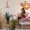 Modern Amber Glass Pendant Light, 6"x11.5" Floral Bell-Shaped Hanging Light with Wood Handle & Brass Cap, 15"-72" Adjustable Line, E26 Socket  Golden Amber Morning Glory