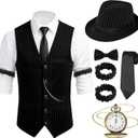 1920s Mens Costume Gatsby Gangster Roaring 20s Costumes for Men with Vest Hat Pocket Watch Bow Tie for Themed Party (XX-Large)