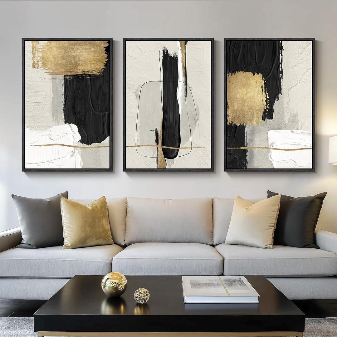 Large Framed Black and White Abstract Wall Art, 3 Piece Modern Canvas Prints Paintings Artwork for Walls, Minimalist Black Beige Gold Pictures for LIving Room Bedroom Office Wall Decor Total 30x60 In (Block)
