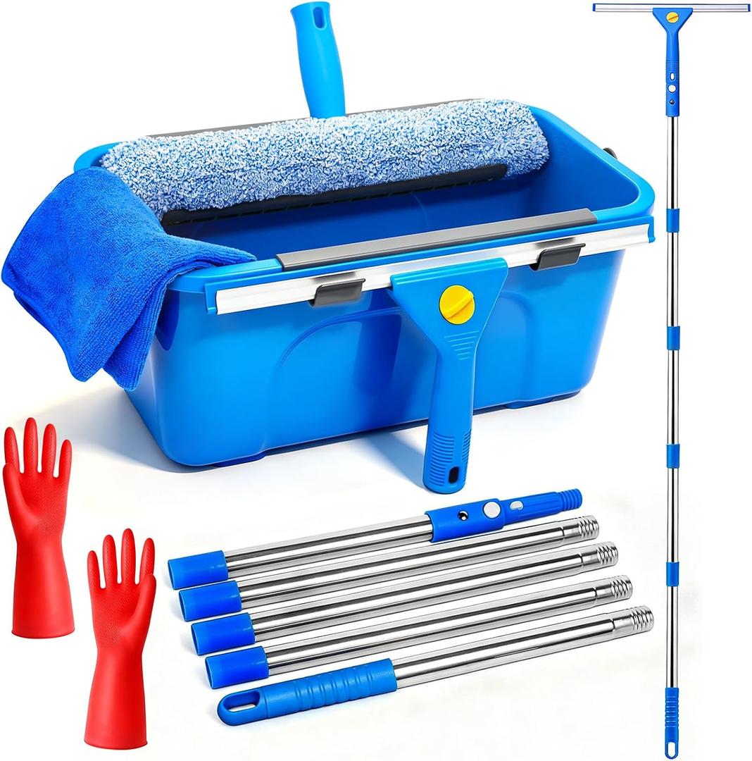Window Cleaning Kit with Bucket, Squeegee and Scrubber for Home Outdoor | 76" High Window Washing Kit, Squeegee & Scrubber & 3 Gal Bucket, Professional Window Cleaner Tool for Home Outdoor Commercial, 14"