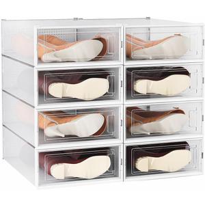 WAYTRIM Stackable Boots Storage Box, 8 Pack Foldable Boots Box Organizer and Storage Box Clear Plastic Storage Bins Shoe Container Drop Front Shoe Drawers, White