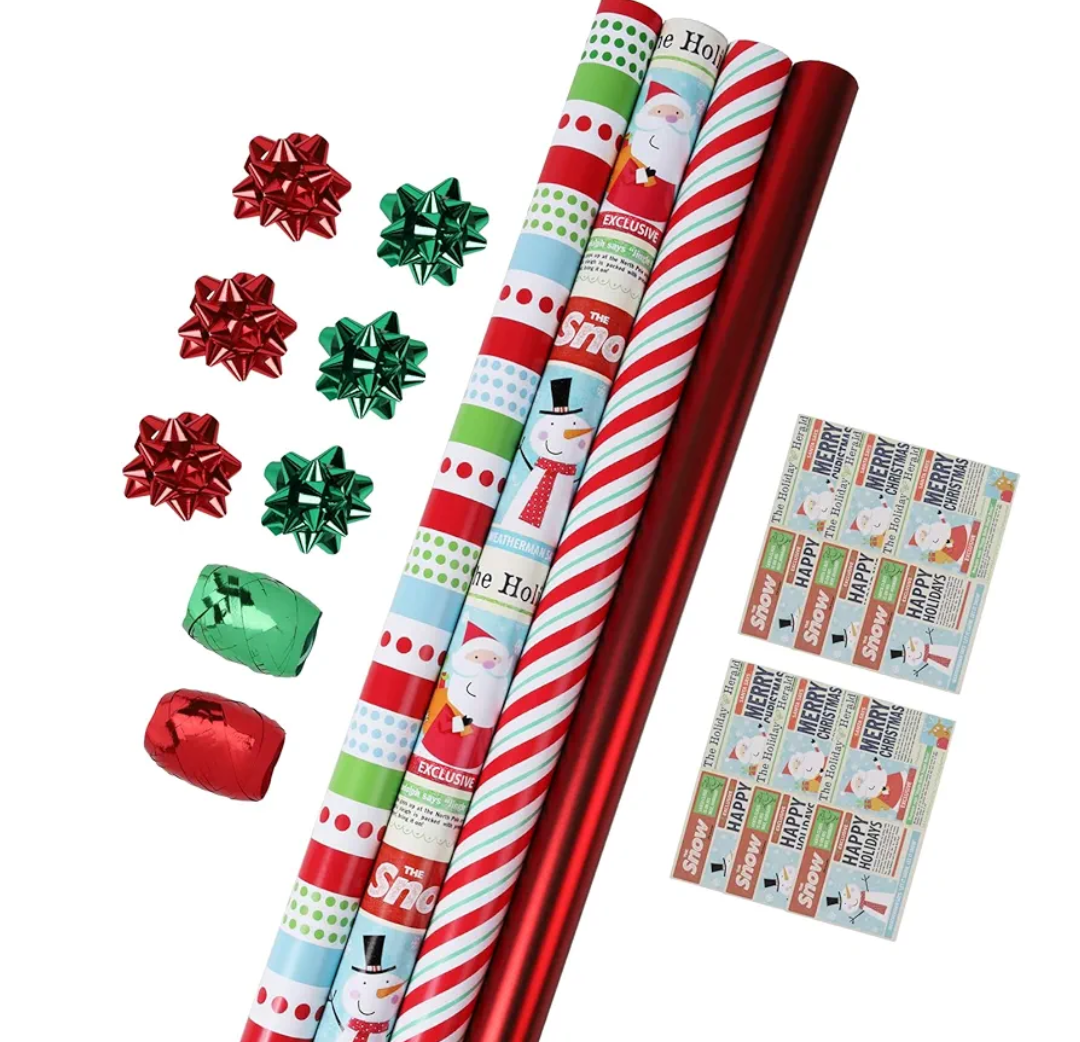 LaRibbons Christmas Wrapping Paper Roll with Cutlines, Polka Dot & Stripe Design with Gift Bow & Ribbons & Tags, Perfect for Christmas, Holiday Party, 30 Inch X 10 Feet (4Rolls, 100 sq.ft.ttl.)