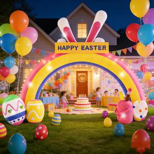 10FT Replaceable Banner Festival Party Decorations with Ultra-Fast Inflating Blower,for Outdoor Yard, Garden, Festival Party Decoration,Giant Easter Bunny Arch Blow Up Decor with Vibrant LED Lights