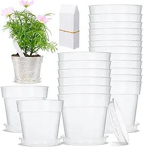 10 Pcs 9 Inch Clear Nursery Pots Include 10 Saucer and Plant Labels Set Transparent Plastic Plant Pot with Drainage Hole Clear Planter with Drip Tray for Herb Flowers Vegetable