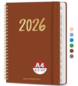 2026 Planner - Weekly and Monthly Planner, January 2026 to December 2026, Spiral Bound 2026 Calendar Planner Book, Inner Pocket, Perfect for Office Home School Supplies - A4 (8.5" x 11"), Rust Brown