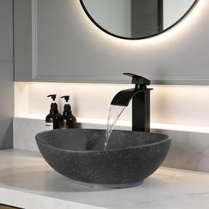 Ceramic Bathroom Vessel Sink Oval Bathroom Sink Above Counter Vessel Sinks for Bathrooms Black Bowl Small Vessel Sink with Faucet and Drain Combo, 13.2"L x 16"W x 5.5"H