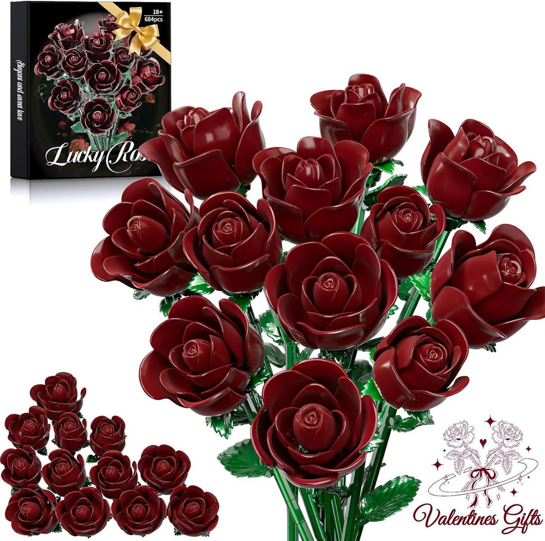 Burgundy Red Rose Bouquet Building Set for Girls & Boys - 12 Pack Botanical Collection Gift for Easter Basket Artificial Flowers Botanical Collection Centerpiece Retro Decor