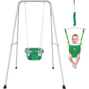 2 in 1 Baby Jumper with Swing-Indoor and Outdoor Use, Baby Jumpers and Bouncers, Toddler Swing with Foldable StandGreen