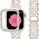 SUPOIX Compatible with Apple Watch Band 44mm + Case, Women Jewelry Bling Diamond Metal Bands & 2 Pack Protective Cover Cases for iWatch Series 6/5/4(Champagne Gold/44mm)
