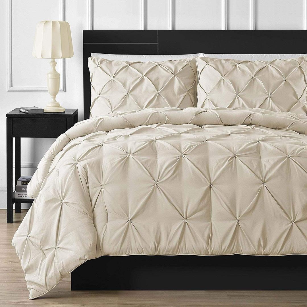 Crown Collection Luxuriate Hotel 1000-TC Hypoallergenic Ultra Soft 100% Egyptian Cotton California King 98"x104" Ivory Solid Pinch Plated Duvet Cover with Zipper Colser & 2pcs Pillow Case Set