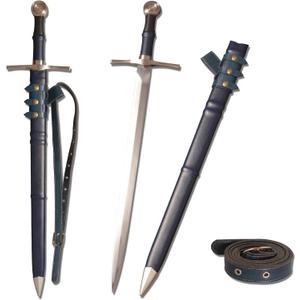Medieval Sharp Blade Blue Western Sword with Knight Motif Manganese Steel Blade Real Sword Supplied with Belt Total Length 37.99 inches for Display Gift Collection