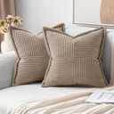 MIULEE Light Brown Corduroy Pillow Covers 18x18 Inch with Splicing Set of 2 Soft Boho Striped Pillow Covers Broadside Decorative Textured Pillowcases for Couch Cushion Bed Livingroom