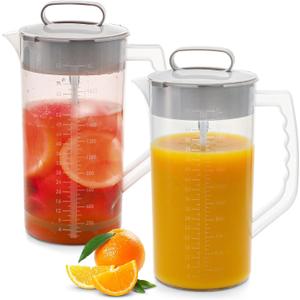 Frcctre 2 Pack Mixing Pitcher for Drinks 2 Quart/ 64oz Plastic Water Pitcher with Lid, Easy-Mix Angled Plastic Blades and Adjustable Mixer Plunger Container for Juice, Milk, Tea, Beverage Container