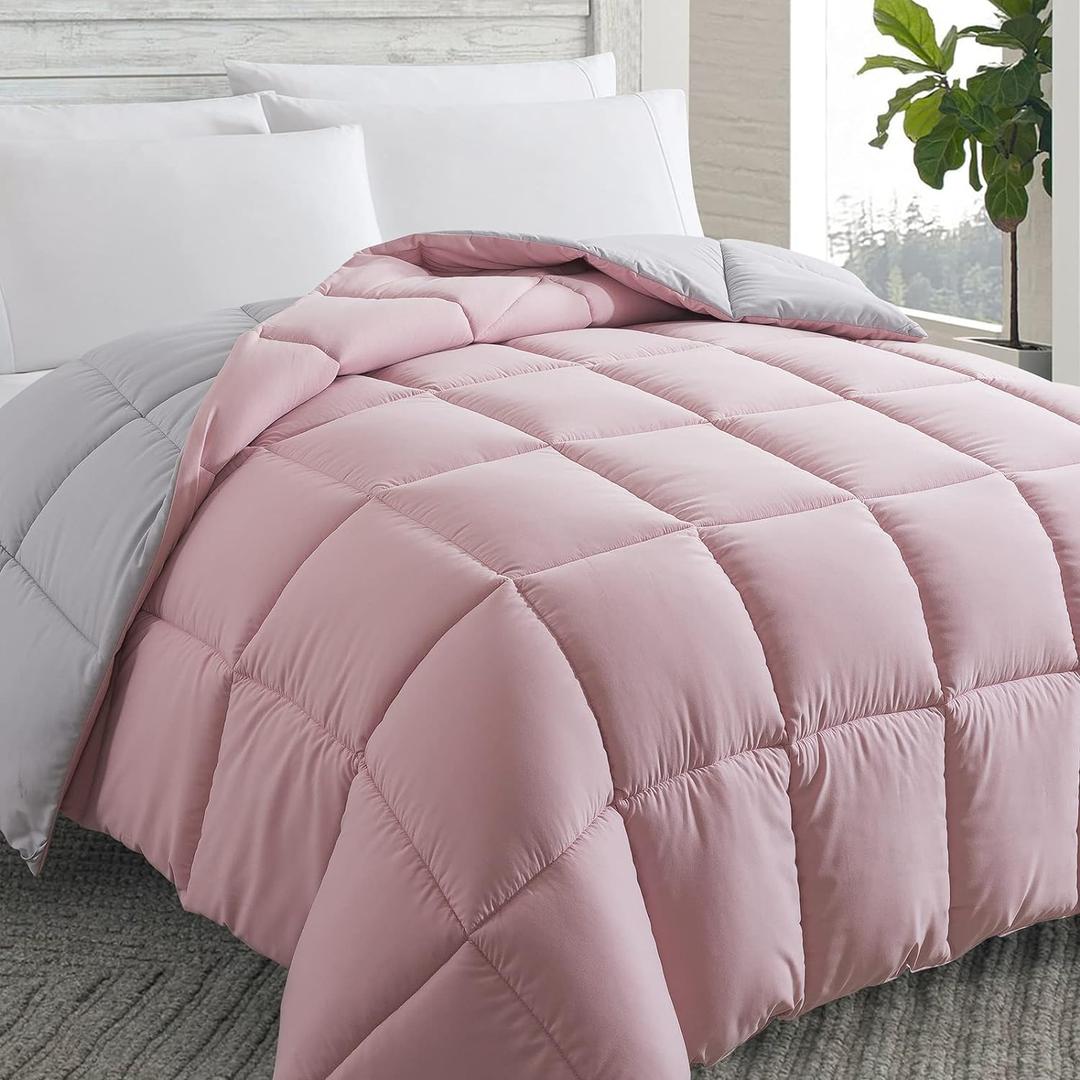 Cosybay Down Alternative Comforter (Pink/Light Grey, King) - All Season Soft Quilted King Size Bed Comforter - Duvet Insert with Corner Tabs - Winter Summer Warm Fluffy, 102x90 inches