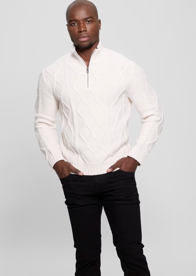 Guess Diamond Cable-Knit Half-Zip Sweater, Size M