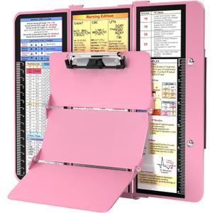 Nursing Clipboard Foldable, Foldable Clipboard w/Nursing Edition Cheat Charts, 3 Layers Aluminum, Nurse Clipboard w/Low Profile Clip&Pen Clip Pocket Clipboard for Students, Nurses and Doctors, Pink