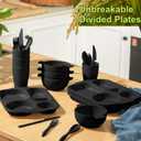 24 Pcs Wheat Straw Dinnerware Cutlery Set for Aldult Including Divided Plates Microwave Dishwasher Safe Bowl Unbreakable Tableware Straw Cutlery Spoon Knife Fork(Black)