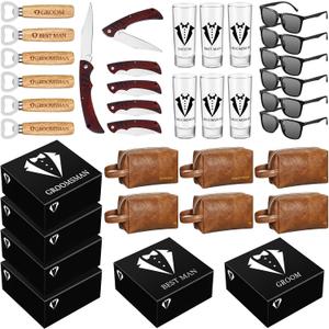 Yungyan 36 Pieces Groomsmen Gifts Set of 6, Groomsmen Proposal Box with Shot Glasses Sunglasses PU Leather Toiletry Bag Wood Folding Knife Bottle Opener Wedding Gift (Brown)