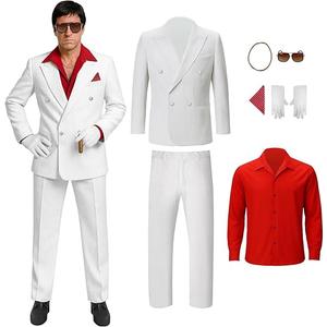 Men White Gangster Suit Costume Shirt Jacket Pants Halloween Cosplay Outfit with Glasses Gloves Necklace XXL Men White Gangster Suit Costume Shirt Jacket Pants Halloween Cosplay Outfit with Glasses Gloves Necklace XXL