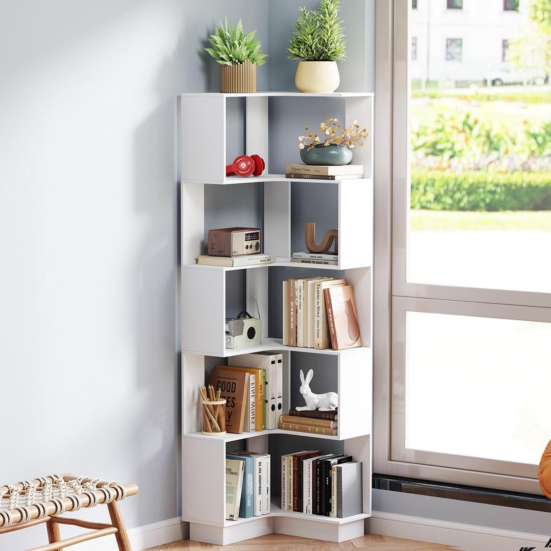 Corner Bookshelf, 68.9" Tall Wooden Corner Bookcase 5 Tiers L-Shaped Storage Freestanding Display Rack Large Open Bookshelf with Fixture for Living Room Bedroom Study Office (White)