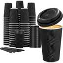 Lamosi 16 oz Disposable Coffee Cups with Lids, 50 Pack Insulated Hot Cups To Go Paper Coffee Cups with Lids and Straws, Corrugated Ripple Wall Cup for Hot Drink, Office, Coffee Bar (Black)