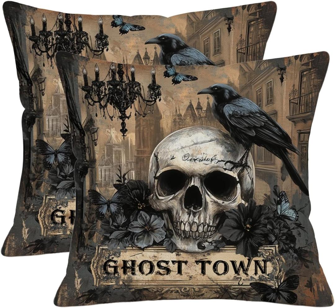 2Pcs,Vintage Halloween Floral Throw Pillow Covers Retro Skull and Crow Ghost Town Gothic Vintage Black Double-Sided Print Cushion Covers for Couch Sofa Haunted House Party Decor Pillowcase (18X18Inch, Wl-dp-vh-crow)