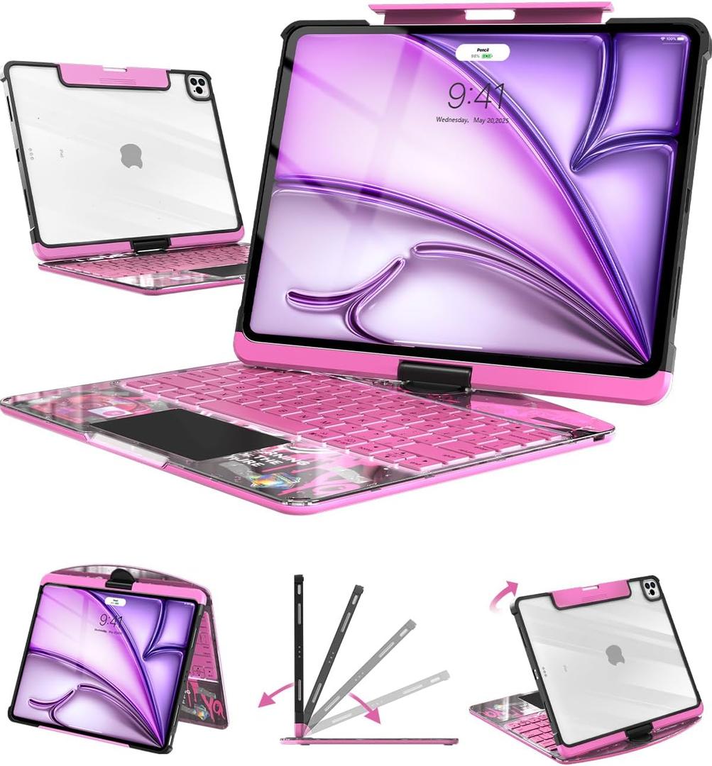 Transparent Keyboard Case for iPad Air 11 inch(M3 2025/M2 2024) & iPad Pro 11 inch(1st/2nd/3rd/4th) & 10.9 inch iPad Air 4/5th Gen, 7-Color Backlit Keyboard with Trackpad and 360Rotating, Pink