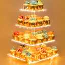 4 Tier Acrylic Cupcake Display Stand, Cupcake Tower Stand with Light, Cupcake Tier Stand for 50 Cupcakes, Clear Cupcake Stands for Weddings, Birthdays, Party, Graduation (Yellow01)
