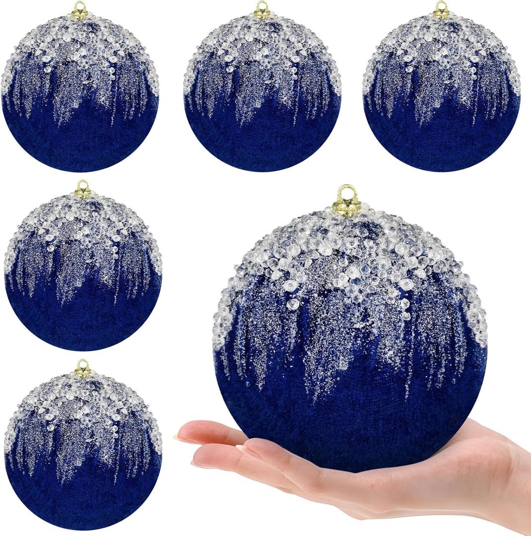 6PCS 4 inch Velvet Christmas Ball Ornaments Set, Glitter Shatterproof Christmas Tree Hanging Ornament Flocked Hanging Balls Xmas Trees Wreath Garland Holiday Wedding Party, Royal Blue