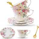TATSUMI Country Roses Bone China Tea Cup and Saucer Set, 6 Pieces, Vintage Style, For Women and Tea Parties(Pink,2 Set)