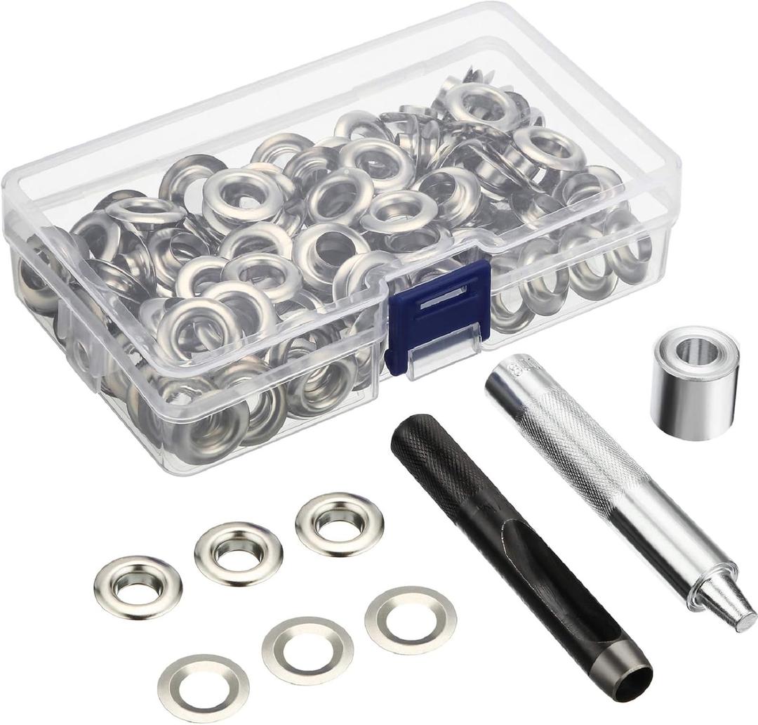 Pangda 100 Sets Grommet Eyelets Kit With Setting Tool and Storage Box for Fabric, Tarps, Curtains (3/ 8 Inch Inside Diameter, Silver)