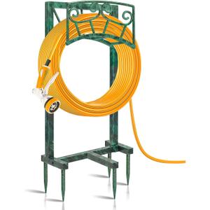 Garden Hose Holder, Heavy Duty Metal Water Hose Holders Hose Stand with 5 Spikes, Freestanding Hose Storage Rack Hose Hanger Holds 150ft Hose for Outside Yard Lawn Garden Decor (Retro Green)