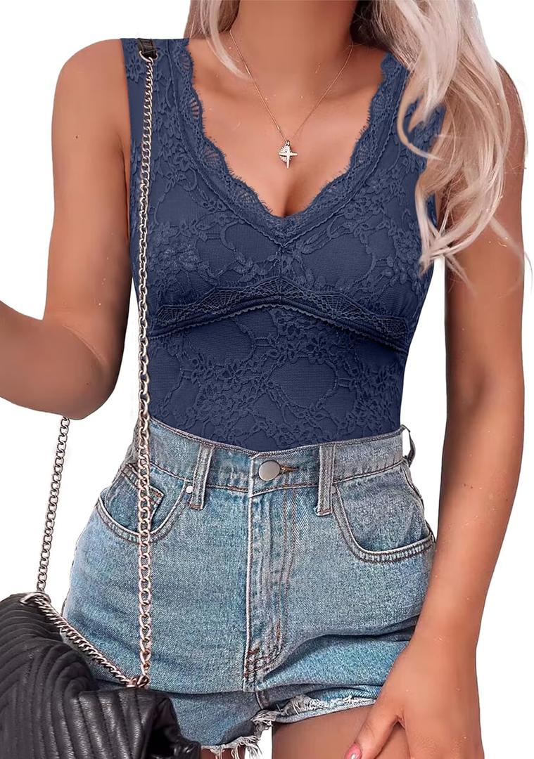 SAUNGKUAI Women V Neck Lace Bodysuit Sleeveless Tank Top Body Suit for Going Out (X-Large)