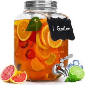 1 Gallon Glass Beverage Dispenser with Lid, Stainless Steel Spigot, Glass Drink Dispensers for Parties, Lemonade Dispenser With Ice Cylinder for Weddings, Party, Sun Tea Jar, Water Juice Dispensers