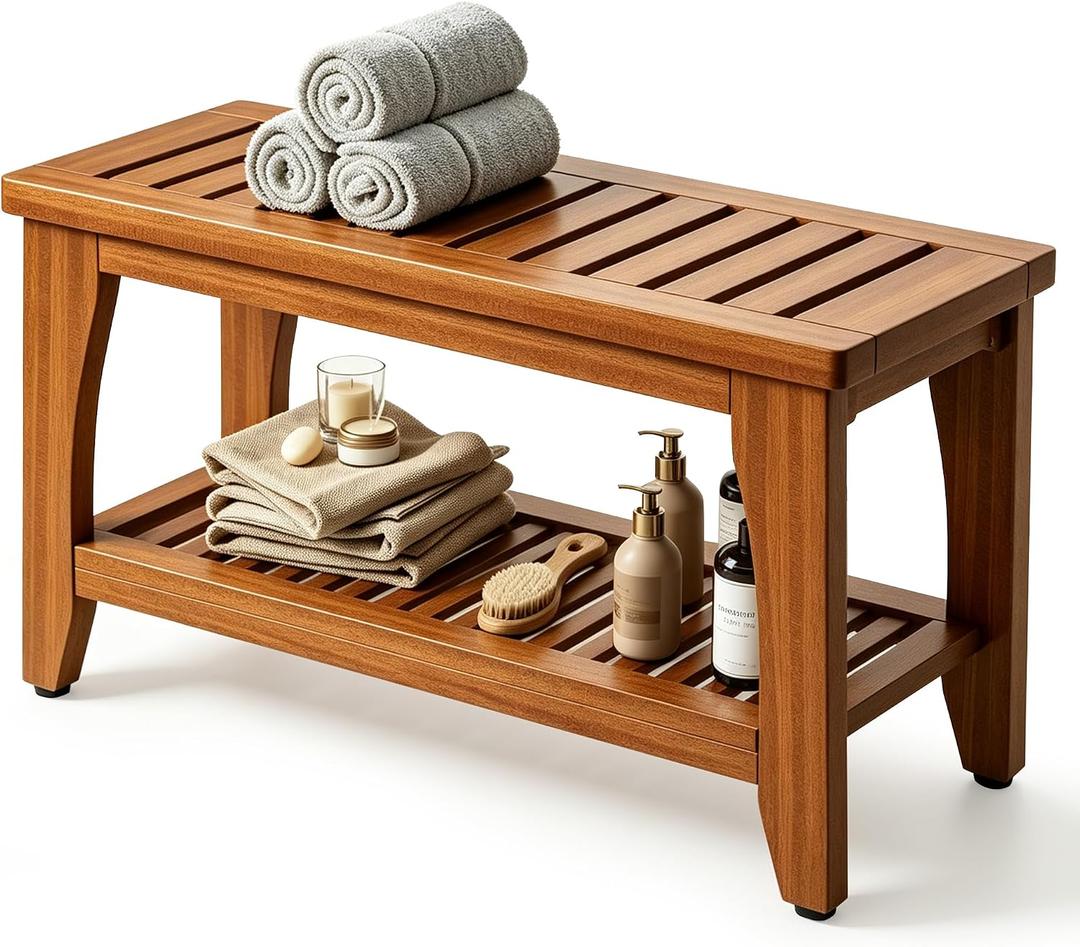 30" Premium Solid Teak Shower Bench with Storage Shelf - 450 lbs Capacity